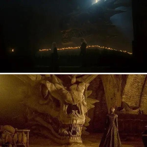 13. Rhaenyra ve Viserys, Balerion'un kafatası önünde duruyor. Balerion, Fatih Aegon'un ejderhasıydı ve kafatasını birkaç kez 'Game of Thrones'ta da gördük.