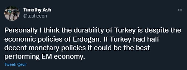 Ünlü Stratejist Timothy Ash de, Nebati'yi alıntılayarak, ekonominin modelle değil de modele rağmen ayakta kaldığını belirtti