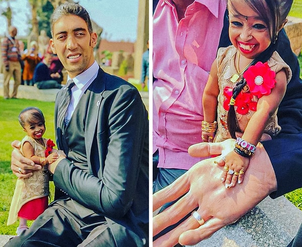 Jyoti Amge, 2012' de Dünyanın En Uzun Adamı Sultan Kösen'le  tanıştı ve onunla Guinness Dünya Rekorları'nın 57. baskısı için poz verdi.