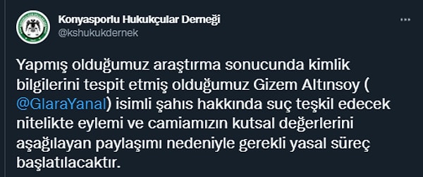 Sonrasında Konyaspor’un ilk mesleki taraftar oluşumu olduğunu iddia eden bir hesap olan, Konyasporlu Hukukçular Derneği bu paylaşıma yaptığı yorumla tartışmaları alevlendirdi👇