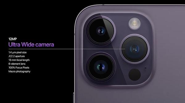 iPhone 14 Pro ve iPhone 14 Pro Max modellerinde yeni 48 MP'lik ana kamera sensörlerine yer verildi. Bu kameraya 2X telefoto lens ve ultra geniş açı lensleri eşlik ediyor.