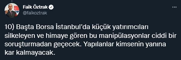 Borsa İstanbul'daki manipülasyonların ciddi bir soruşturmadan geçeceğini belirten Öztrak, "Yapılanlar kimsenin yanına kâr kalmayacak" ifadelerini kullandı.