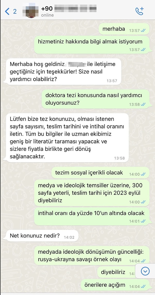 Google’a doktora tezi yazınca çıkan “akademik danışma” hizmeti veren bir şirketle iletişime geçen Canpolat, şirketle yaşadığı diyalogu yayınladı.