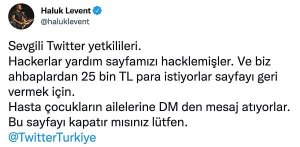 Haluk Levent, çalınan Twitter hesabının kapatılması için çağrı yaptı.
