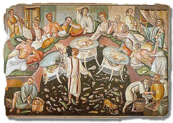 Antik Yunan'dan gelen uzanarak yemek yeme kültürünün elbette belli başlı kuralları vardı: Zengin ve güçlü bir kadın olsanız bile uzanarak yemek yemek hakkınız değildi... Kadınlar genellikle yiyecekleri servis ederler ve başka bir masada sandalyelere otururdu.
