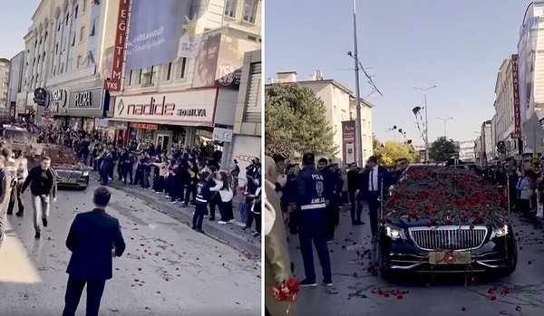 Ankara'da kaydedildiği belirtilen görüntülerde, Cumhurbaşkanlığı aracı caddeden geçerken onlarca vatandaş yüzlerce karanfili aracın üzerine atıyor.