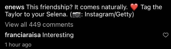 E! News опубликовали цитату Селены на своей странице в Instagram в субботу, и Франша ответила комментарием: “Интересно”.