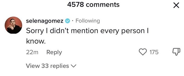 Но когда в воскресенье кто-то снял на TikTok видео о явном пренебрежении Франшей, Селена вызвала негативную реакцию, прокомментировав: “Извините, что не упомянула всех, кого знаю”.