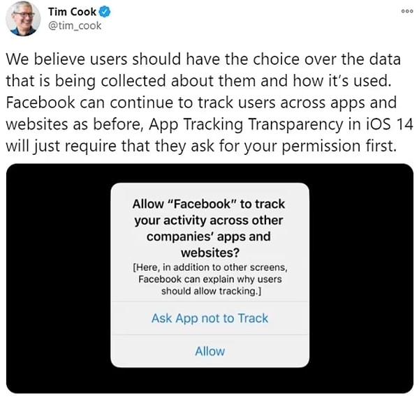 Apple tarafından kullanıcılara uygulamaların kendilerini takip etmeleriyle ilgili izin yetkisi vermişti. iOS 14 ile gelen bu özellik CEO Tim Cook tarafından duyurulmuştu.