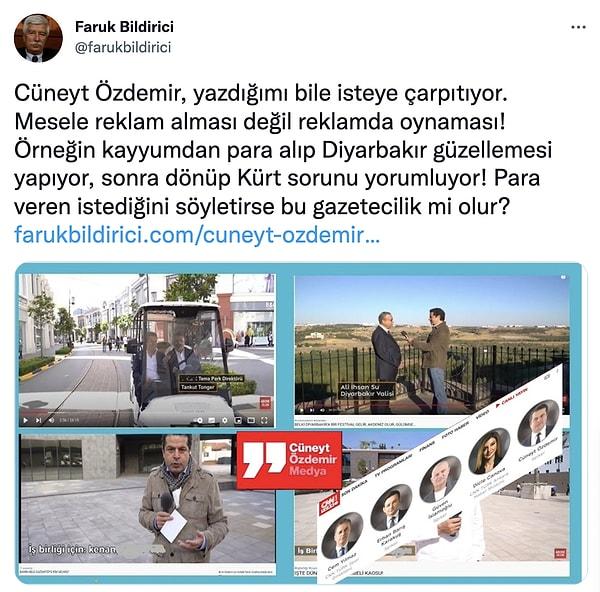 Twitter'dan açıklama yapan Faruk Bildirici ise "sözlerinin Cüneyt Özdemir tarafından bile isteye çarpıtıldığını" söyleyerek açıklamalarda bulundu.