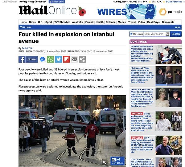 9. Daily Mail: "İstanbul'da meydana gelen patlamada 4 kişi öldü"
