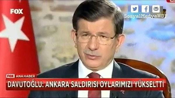 A Haber'de Murat Akgün’ün sorularını cevaplayan Davutoğlu: “Ankara'da ki terör saldırısı sonrasında anket yaptık ve kamuoyunun nabzını tutuyoruz oylarımızda bir yükseliş trendi var.” demişti.
