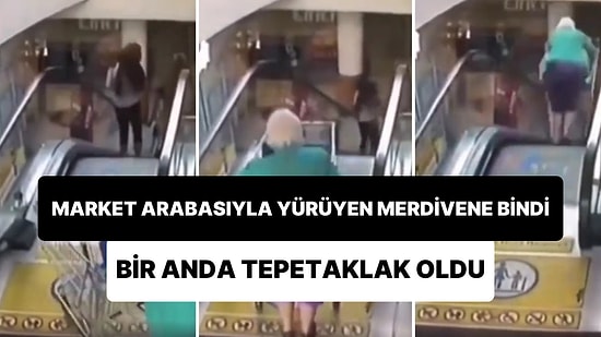 Market Arabası ile AVM'nin Yürüyen Merdivenlerinden İnmek İsteyen Kadın Tepetaklak Oldu