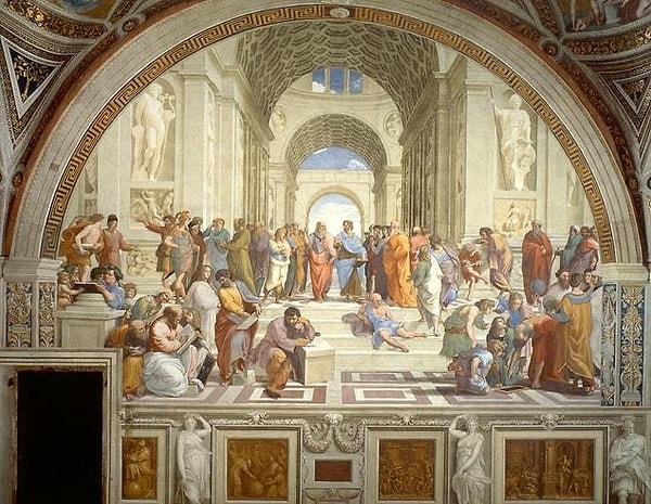 9. Rönesans dönemine ve hatta dönemin İtalya'sına gidelim, bir tablo değil de Apostolik Sarayı'nın duvarlarına resmedilen 'Atina Okulu' freskini inceleyim!
