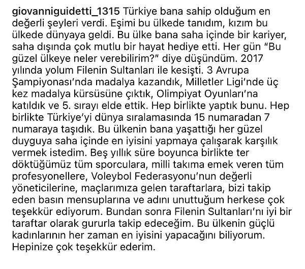 Giovanni Guidetti sosyal medya hesabından bir veda mesajı yayınladı 👇🏻