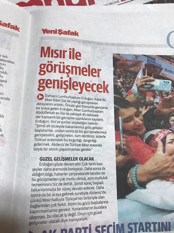 Erdoğan'ın Sisi ile görüşmelerinin yankıları sürerken Yeni Şafak gazetesinden tartışmalı bir ifade geldi.