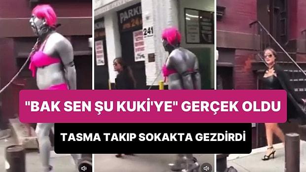 Gibi Dizisindeki 'Kuki' Sahnesi Gerçek Oldu: Bikini Giydirdiği Erkeği Tasmayla Sokakta Gezdiren Kadın