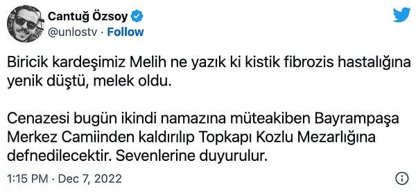 Genç ve yetenekli oyuncunun ölüm haberini Cantuğ "Unlost" Özsoy verdi.