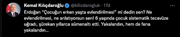 CHP lideri Kılıçdaroğlu da Twitter hesabından yaptığı paylaşımla Cumhurbaşkanı Erdoğan’a yanıt verdi.