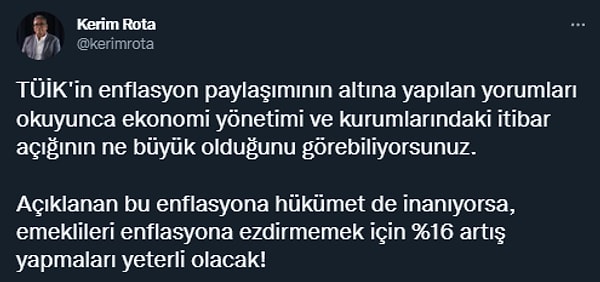 Gelecek Partisi Ekonomi Politikaları Başkanı ve eski banka yöneticisi Kerim Rota da, ekonomi yönetimi ve kurumlarındaki itibar açığına dikkat çekti.