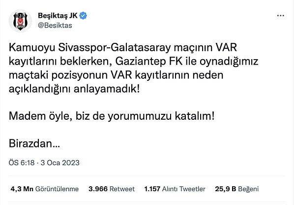 Beşiktaş, TFF'nin yaptığı açıklamanın üzerine ilk olarak şu duyuruyu yaptı: