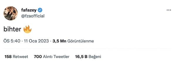 Ama durun, Farah Zeynep Abdullah'tan da cevap gecikmedi! Tüm bu tartışmaların ardından önce "Bihter 🔥" tweetini attı.