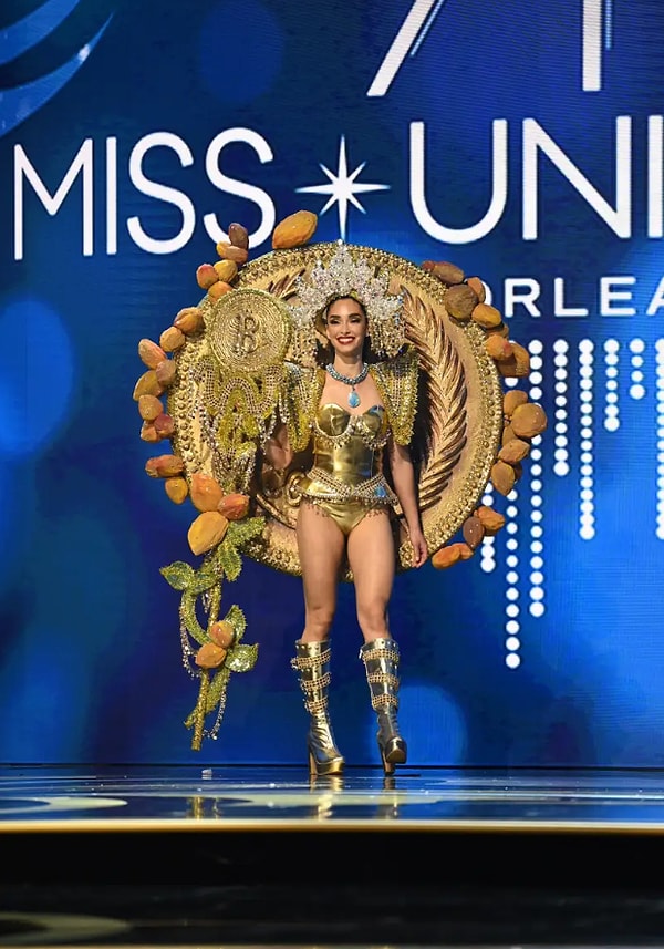 Мисс Сальвадор Алехандар Гуахардо появилась в костюме биткоина — это первая страна, признавшая его законным платежным средством