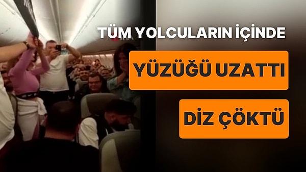 Adana - İzmir uçuşunu yapan uçağın yolcularından Burak Elitaş, sevgilisi Şerife Var'a 10 bin fit yükseklikte evlilik teklif etti. Elitaş'ın teklifine Var'ın "Evet" yanıtını vermesiyle gökyüzünde alkışlar koptu.