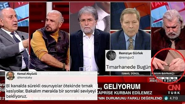 CNN Türk'te canlı yayınlanan Ahmet Hakan'ın sunduğu 'Tarafsız Bölge' programında ilginç anlar yaşandı. SONAR araştırma şirketinin sahibi Hakan Bayrakçı canlı yayında tırnaklarını kesti. Görüntüler sosyal medyada gündem oldu.