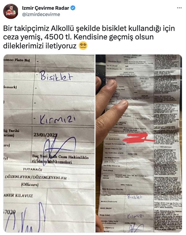 İzmir'de alkollü şekilde bisiklet kullandığı için para cezası alan kişi gündem oldu.