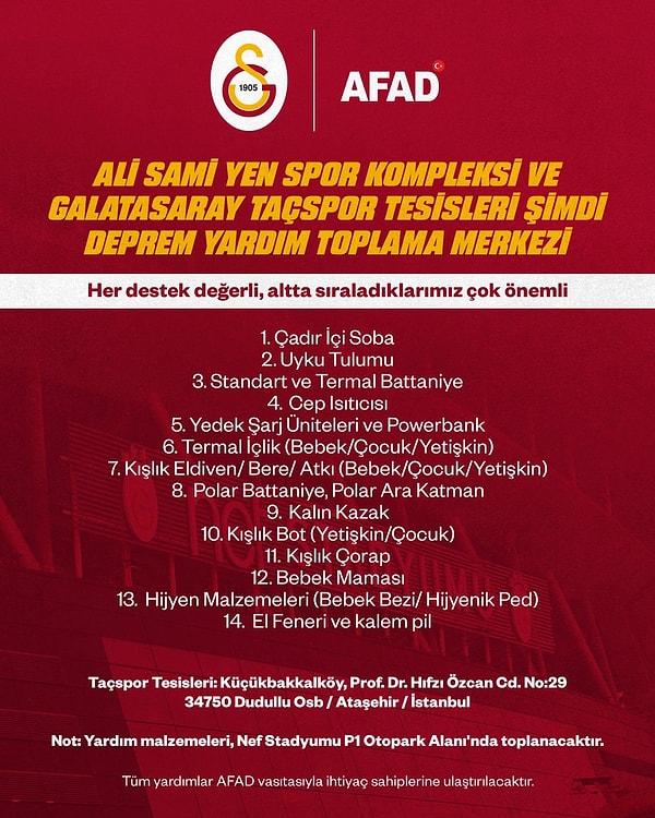 Galatasaray depremzedelere yardım etmek isteyen İstanbul'daki vatandaşlar için duyuruda bulundu.