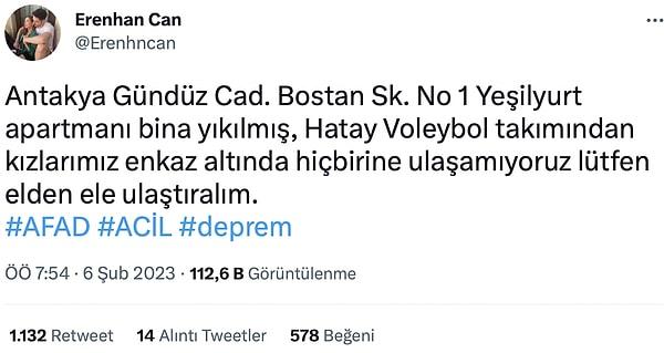 Can, Cumhuriyet Mahallesi Bostan Sok. No:1 numarada bulunan Antakya Spor Salonu'nda konaklayan Hatay Kadın Voleybol Takımı oyuncularına ulaşılamadığını belirtti.