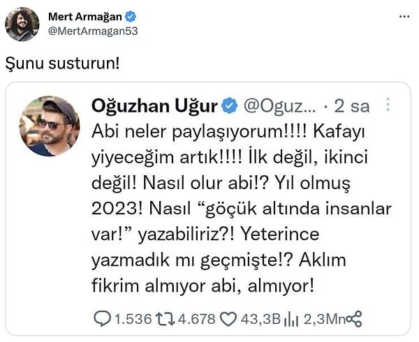AKP'li muhabir Mert Armağan da Uğur'un bu haklı isyanına "Şunu susturun" diyerek cevap verdi. Tabii doğru söyleyeni dokuz köyden kovarlar...