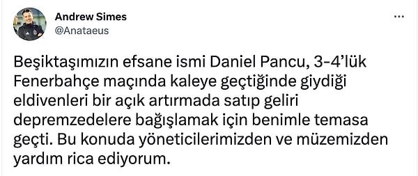 Pancu; Beşiktaşlı bir kongre üyesi ile temasa geçip, o karşılaşmada giydiği eldivenleri açık arttırma ile satışa çıkarmak ve toplanan paranın afet bölgesine ulaştırılmasını istediğini açıklamıştı.