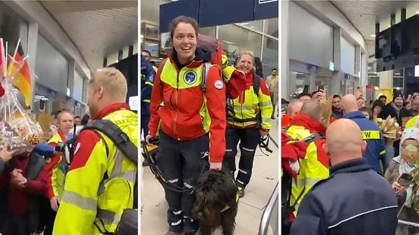 Günlerdir arama kurtarma çalışmalarında ter döken ISAR Germany arama kurtarma ekibini gurbetçiler, KölnBonn havaalanında güller ve baklava ile karşıladı.