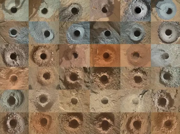 14. Марсоход Curiosity бурит огромное количество отверстий на Марсе. Вот так выглядят 36 из них: