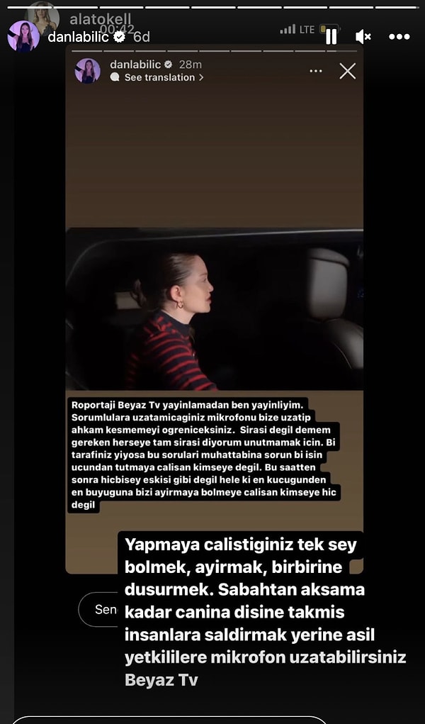 Danla Instagram hesabından yaptığı paylaşımda "Bi tarafınız yiyorsa bu soruları muhatabına sorun" şeklinde karşılık verdi.