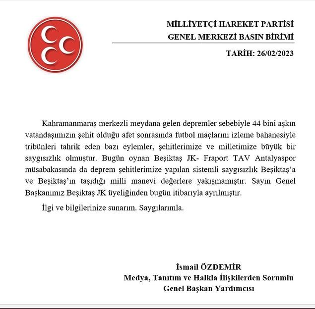 MHP Genel Başkan Yardımcısı İsmail Özdemir imzası ile yayınlanan duyuruda Devlet Bahçeli'nin Beşiktaş Kulübü üyeliğinden ayrıldığı belirtildi.