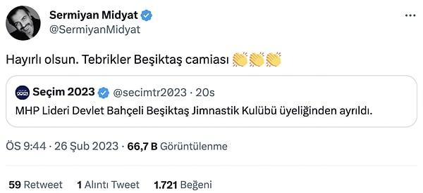 Ünlü oyuncu, Bahçeli'nin Beşiktaş JK'den istifası üzerine yaptığı paylaşımla da epey konuşuldu.