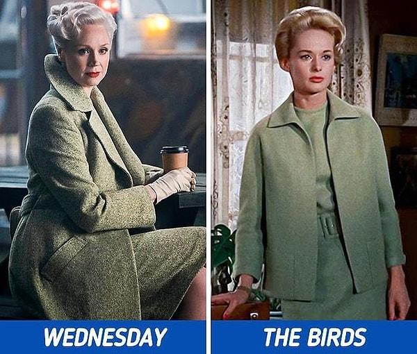 3. The look of Larissa Weems, the director of Nevermore, was inspired by the iconic green suit worn by Melanie Daniels in Alfred Hitchcock's The Birds.