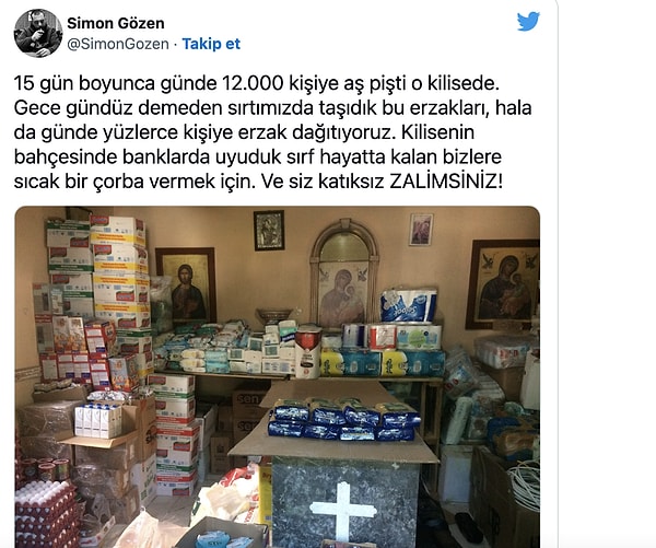 Görüntülerin sosyal medyada yayılmasının ardından kilisenen yardım faaliyetlerinde çalışan Simon Gezer duruma isyan etti ⬇️