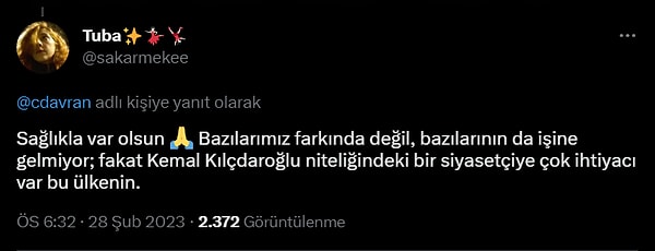 Paylaşımın altına "Kemal Kılıçdaroğlu niteliğindeki bir siyasetçiye çok ihtiyacı var bu ülkenin." şeklinde yorumlar geldi.