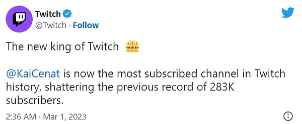 Twitch resmi hesabı da yaptığı b paylaşımla yeni krala selam durdu.