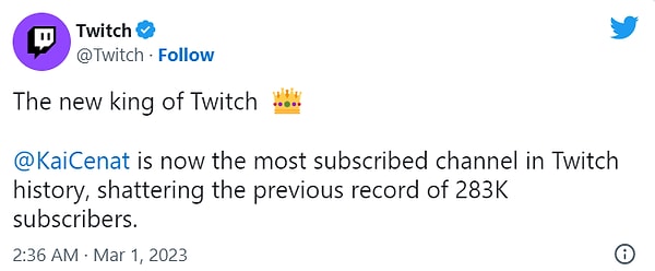 Twitch resmi hesabı da yaptığı b paylaşımla yeni krala selam durdu.