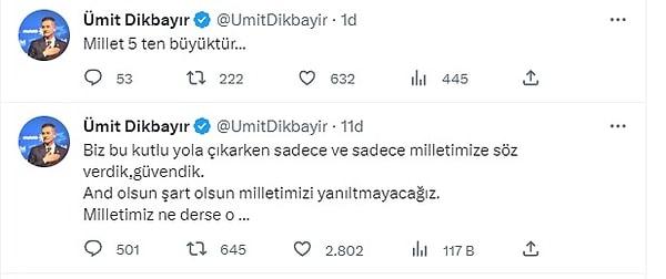 Dikbayır'ın paylaşımı "İYİ Parti altılı masadan çıkıyor mu?" sorusunu akıllara getirdi. Dikbayır paylaşımında, "Millet 5'ten büyüktür" ifadelerini kullandı.
