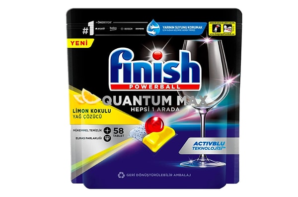 Bulaşık makinesinden pırıl pırıl çıkan bardaklar ve tabaklar için: Finish Quantum Max Limonlu 58 Kapsül Bulaşık Makinesi Deterjanı Tableti