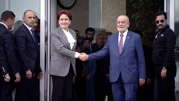 15.50 - Meral Akşener, Saadet Partisi genel merkezindeki Altılı Masa toplantısına katılmak için geldi. Saadet Partisi lideri Temel Karamollaoğlu, Akşener'i kapıda karşıladı.