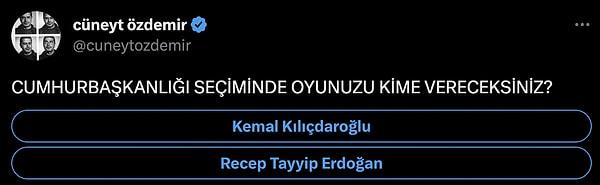 Cüneyt Özdemir'in bir haftalık açtığı ve daha beş gün süresi olan anketinde ise Kemal Kılıçdaroğlu %78'le önde.