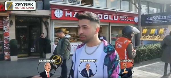 Zeyrek isimli YouTube kanalın mikrofon uzatarak 'Kılıçdaroğlu, Muharrem İnce, Erdoğan kimi destekliyorsun?' diye sordu.