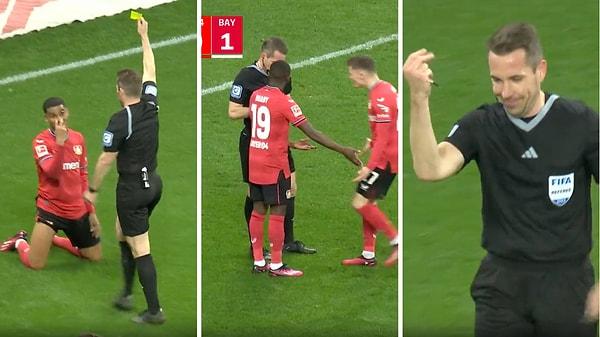 Bundesliga tarihine geçen karşılaşmada Leverkusenli Adli ile hakem Tobias Stieler arasındaki görüntüler viral oldu.